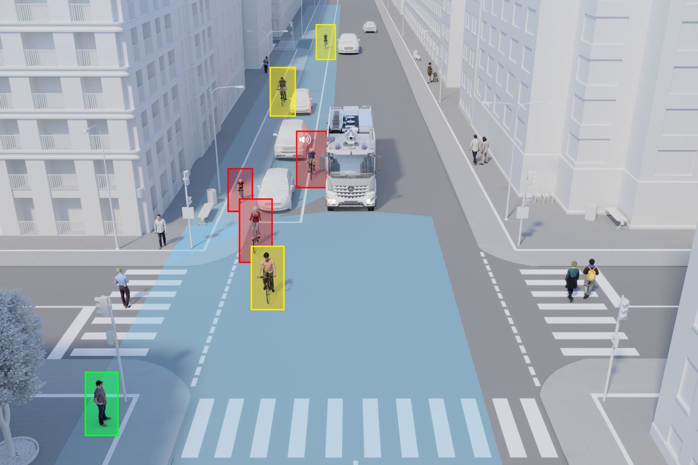 So beurteilt ein Abbiegeassistent die Verkehrssituation und kategorisiert Fahrradfahrer und Fussgänger.