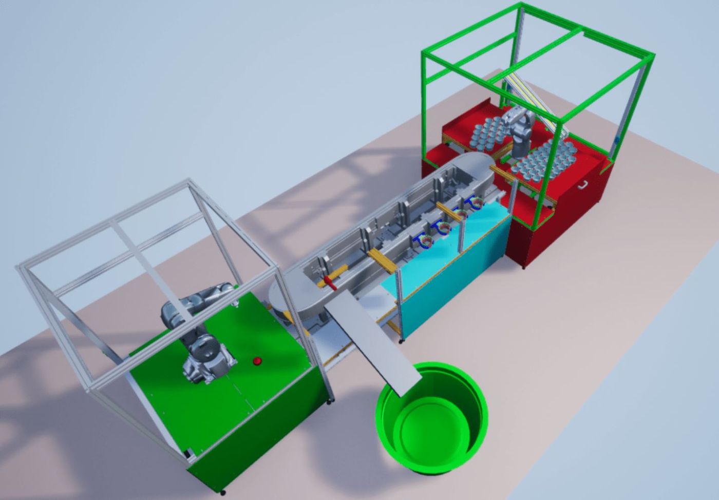 In 3D modelliertes Beispiel einer Strecke für den Materialtransport mit zwei Roboterarmen